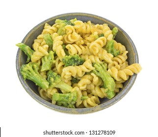 A Large Bowl Of Pasta And Broccoli In Cheese Sauce.