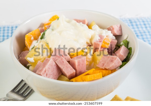 Large Bowl Salad Spam Pineapple Over Stock Photo Edit Now 253607599