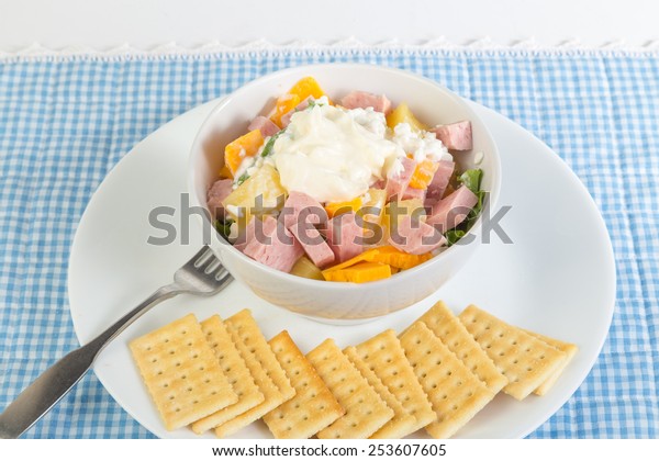 Large Bowl Salad Spam Pineapple Over Stock Photo Edit Now 253607605