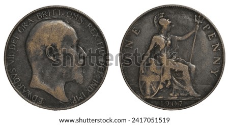 Large bronze British 'cartwheel' penny isolated on white with profile of King Edward VII on obverse and date of 1907 and a seated Britannia with shield, helmet, and trident on reverse.  VG condition. Stock photo © 