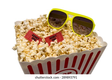 Large Bucket Of Popcorn With Red Tickets And Sunglasses/ Going To The Movies In The Summer