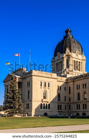 A large building with a dome on top and a flagpole with a flag on it. The building is surrounded by a green tree