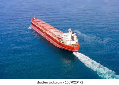 Large Bulk Carrier Ship At Sea, Aerial Image.