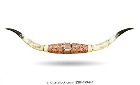 Large Bull Horns Isolated On White Background. This Has Clipping Path. 