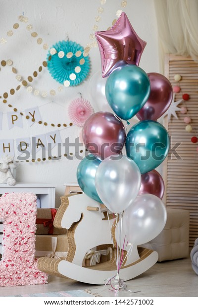 Large Bunch Balloons Pink Green Birthday Stock Photo Edit Now