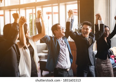 Large Business Team Showing Unity With Their Hands Together, Business Team Celebrating 