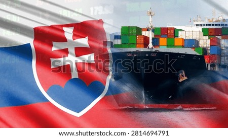 A large cargo ship, laden with containers, displays the Slovakian flag and financial indicators, illustrating Slovakia's international trade strategy, maritime logistics, global shipping, and economic growth.