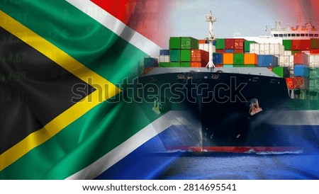 A large cargo ship, laden with containers, displays the South African flag and financial indicators, illustrating South Africa's international trade strategy, maritime logistics, global shipping, and economic growth.
