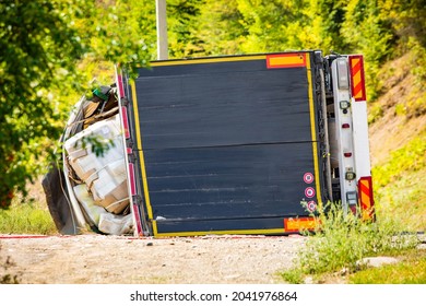 Large Cargo Truck Turned Over On Road Traffic Accident At Day