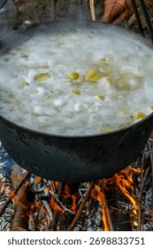 large cauldron on fire, vegetable stew is being cooked, soup, flame, close-up, cooking outdoors, scouts, forest clearing, rest, hike, children's camp, summer, travel, tourism, leisure, summer, horiz