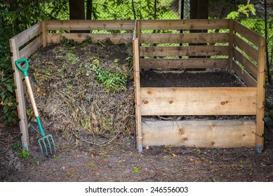 Large Cedar Wood Compost Boxes With Composted Soil And Yard Waste For Backyard Composting