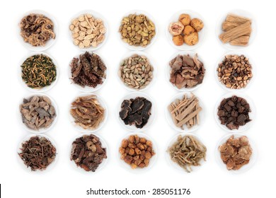 Large Chinese Herbal Medicine Selection In China Bowls Over White Background.