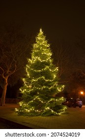 Large Christmas Tree With Lights Outside At Night