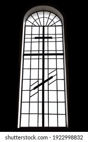 Large Church Window Silhouette, On Black Background, Window With Cross And Arch