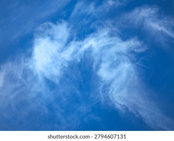 A large cirrus cloud. Clouds flowing lazily like cottony fibers against a clear, serene blue background. The sky speaks of calm, peace, and silence.