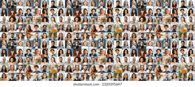 Large collage, portrait of multiracial smiling different business people. A lot of happy modern people faces in mosaic collection. Successful business, team, career, diversity concept