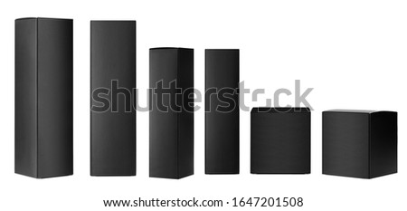 Large collection of different black paper boxes -  tall  rectangle, square box - side, front view on white background, template of packing, branding, design.