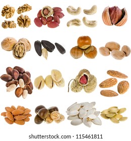 Large Collection Of Nuts, Seeds Isolated On A White Background