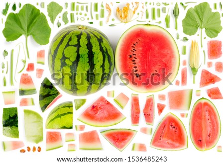Large collection of watermelon fruit pieces, slices and leaves isolated on white background. Top view. Seamless abstract pattern.