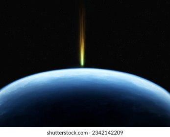 Large comet approached the Earth, as seen from space. Dangerous celestial body on the background of our planet.