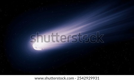 Large comet close to Earth. Stardust in the universe. Glowing tail of a bright comet. Meteor trail isolated.