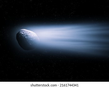 A Large Comet With A Shining Tail Of Gas And Dust. Comet Nucleus Surface With Craters. Dangerous Cosmic Body.