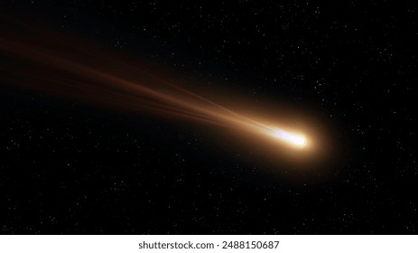 Large comet in space. Glowing gas tail of a comet on a black background. Dangerous celestial body.