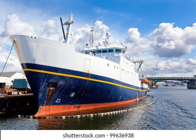 Large Commercial Fishing Vessel Docked In A Ship Canal