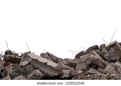 Large concrete fragments of the remains of a building with protruding rebar isolated on a white background.