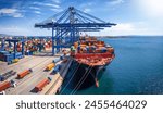 A large container cargo ship is beeing loaded and unloaded in a commercial dock