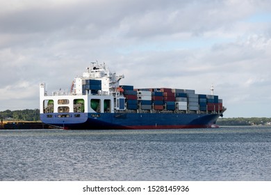 Large Container Ship Entering Port In Jacksonville Florida. 