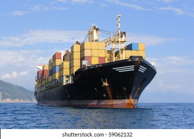 Large Container Ship In Mediterranean Coast