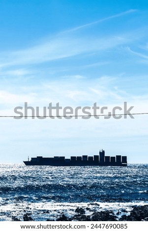 A large container ship is traversing the sunlit ocean waters, with the horizon visible in the distance. Whitecaps decorate the surface of the sea, indicating a brisk breeze