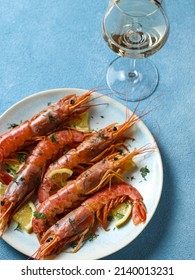 Large Cooked Shrimp On A Plate And Space For Text