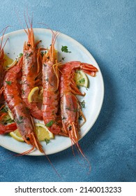 Large Cooked Shrimp On A Plate And Space For Text