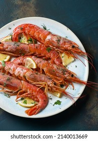 Large Cooked Shrimp On A Plate On Dark And Space For Text