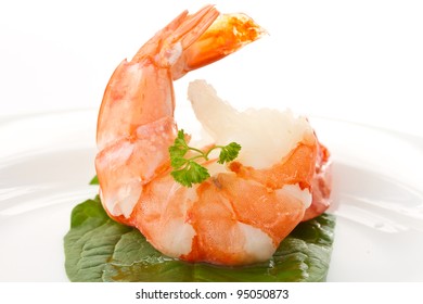 Large Cooked Shrimp On A Plate On A White Background