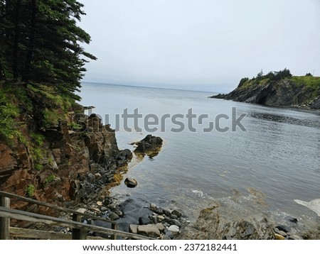 A large cove along a rocky shoreline with cliffs in the distance and a cave within them on a cloudy, foggy summer day.