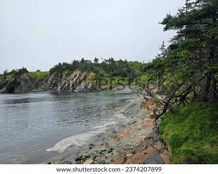 A large cove along a rocky shoreline with cliffs in the distance and a cave within them on a cloudy, foggy summer day.