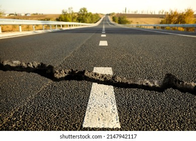 Large Crack On Asphalt Road After Earthquake