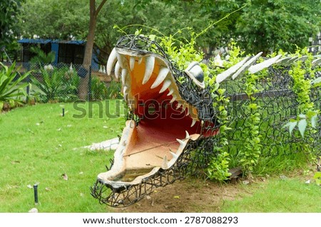 Large crocodile sculpture with sharp teeth and open mouth. Green vines climb its metal frame. Grassy garden surrounds the whimsical art piece. Sunny outdoor setting with trees and fencing