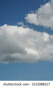 Large Cumulus Clouds On A Bright Blue Sky. The Concept Of Cleanliness And Optimistic Outlook On Problems. Vertical View