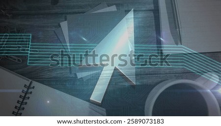 Large cursor image over office desk with papers and coffee cup. Technology, desktop, workspace, digital, software, stationary