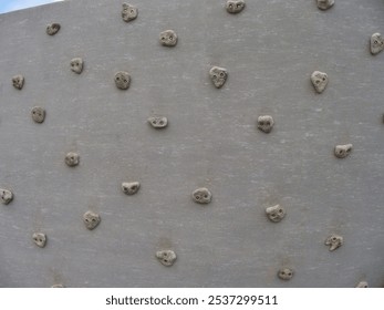 A large curved concrete climbing wall with numerous rock-like handholds arranged across its surface, set against a blue sky. - Powered by Shutterstock