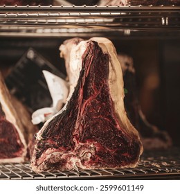 Large cut of raw beef in a dry-aging cabinet.
