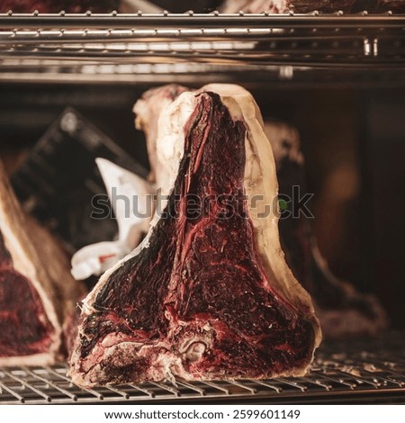 Large cut of raw beef in a dry-aging cabinet.
