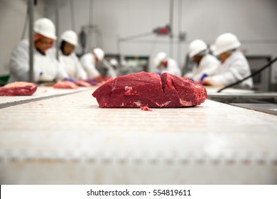 Large cut of raw meat from butcher processing packaging plant on a conveyor 