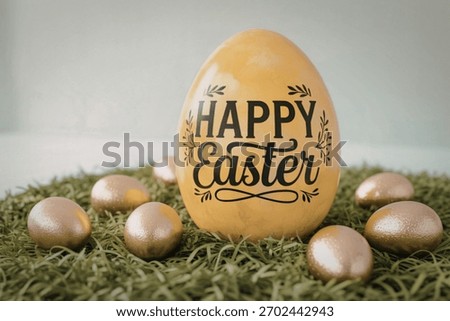 A large, decorated yellow Easter egg with the words 