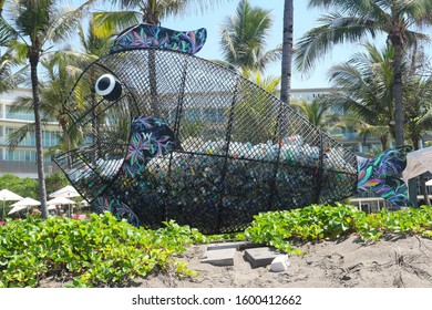 Large Decorative Fish Basket For Collecting Plastic Bottles In Seminyak, Bali, Indonesia, December 28, 2019.