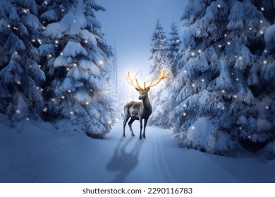 Large deer with golden antlers stands in a snow-covered forest - Powered by Shutterstock